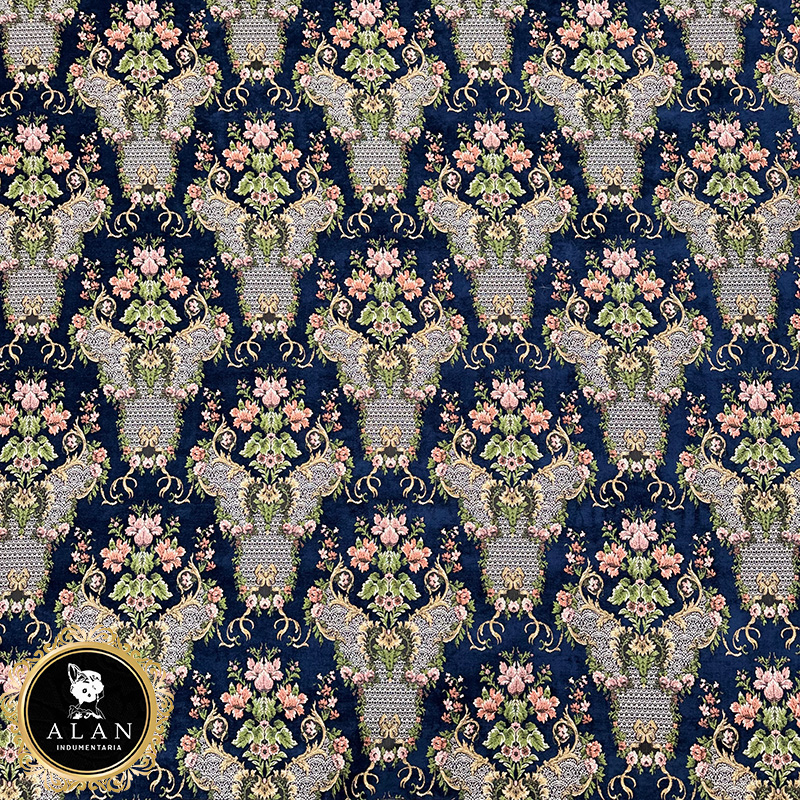 Tela de Alan Indumentaria con motivos florales sobre fondo azul oscuro